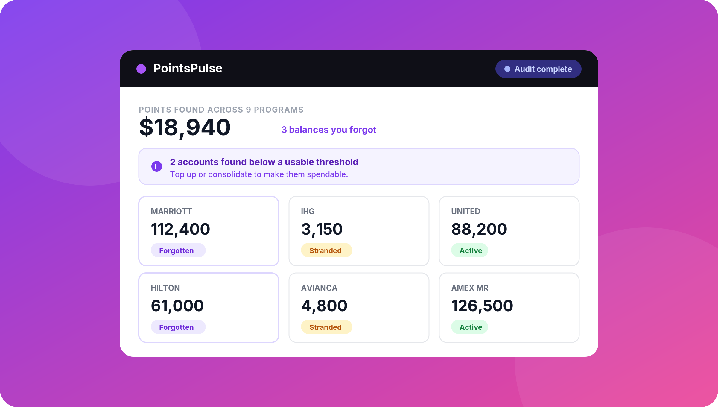 A PointsPulse dashboard surfacing forgotten and stranded loyalty balances after an audit